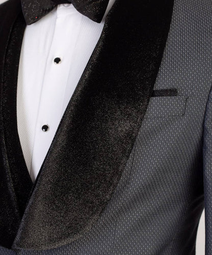 Men's 3 Piece Grey Tuxedo, Suit, Velvet Shawl Lapel, Costume