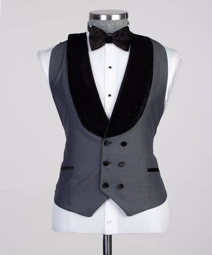 Men's 3 Piece Grey Tuxedo, Suit, Velvet Shawl Lapel, Costume