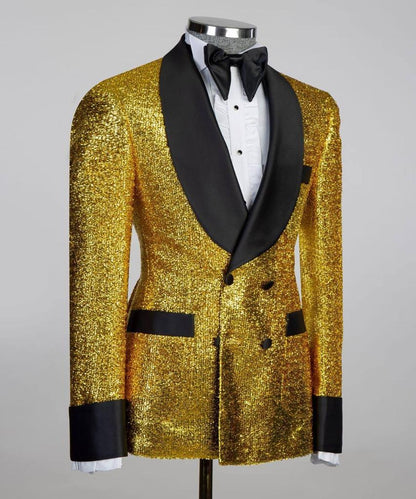 Men's 3 Piece Double Breasted Black and Shiny Gold Tuxedo
