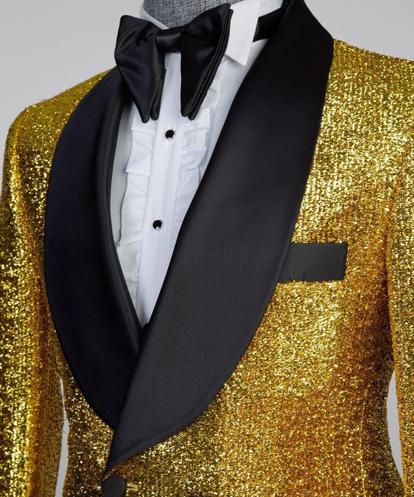 Men's 3 Piece Double Breasted Black and Shiny Gold Tuxedo