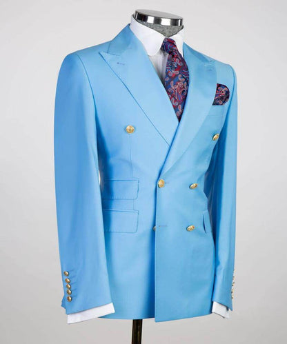 Double Breasted Blue Suit Peak Lapel 2pc - SevendayShopping
