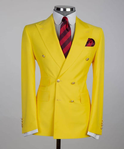 Men's Suit 2 Piece Double Breasted Yellow,Peak Lapel