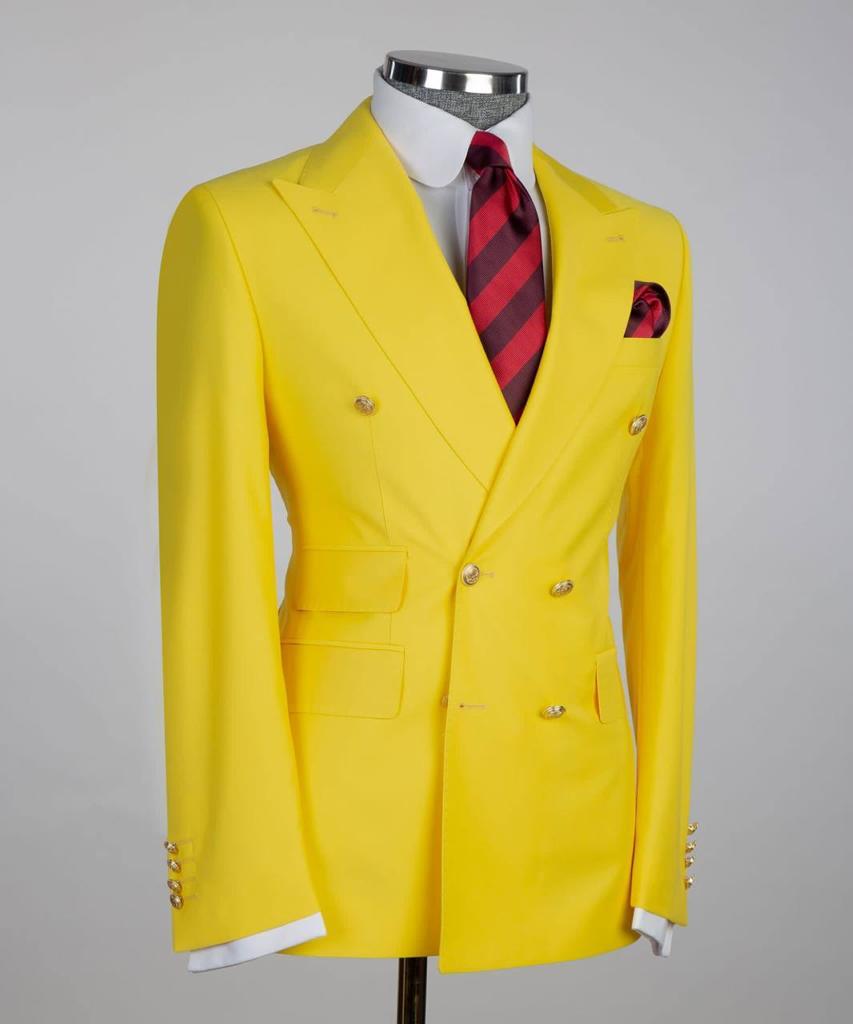 Men's Suit 2 Piece Double Breasted Yellow,Peak Lapel