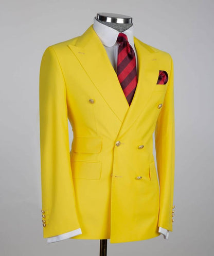 Men's Suit 2 Piece Double Breasted Yellow,Peak Lapel