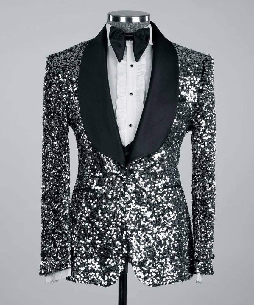 Men's 3 Piece Sequin Grey/Black Tuxedo