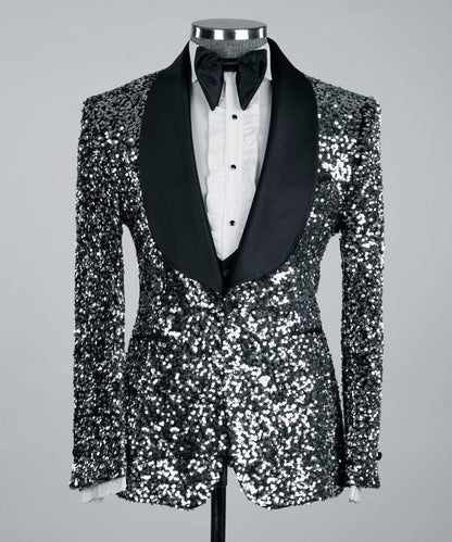 Men's 3 Piece Sequin Grey/Black Tuxedo