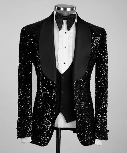 Men's 3 Piece Black Sequin Tuxedo