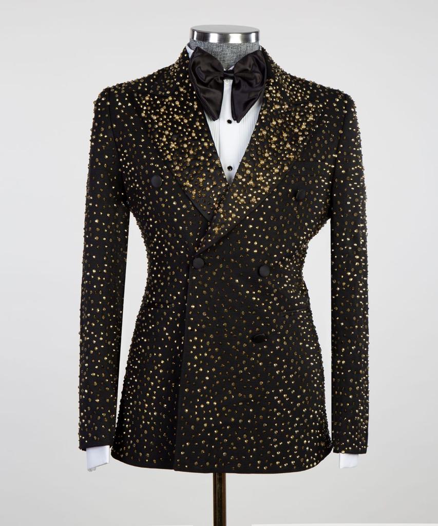 Men's 2 Piece Double Breasted Black Tuxedo Golden Stoned
