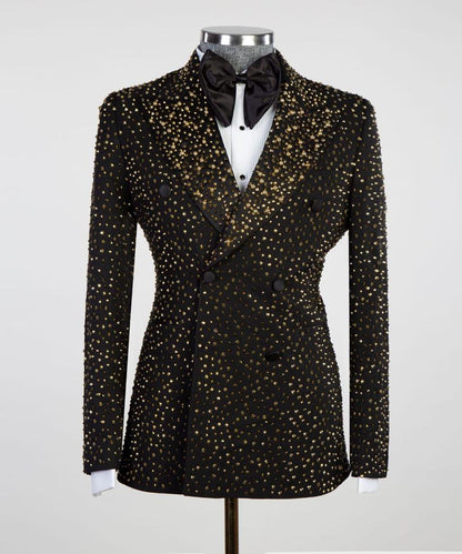 Men's 2 Piece Double Breasted Black Tuxedo Golden Stoned