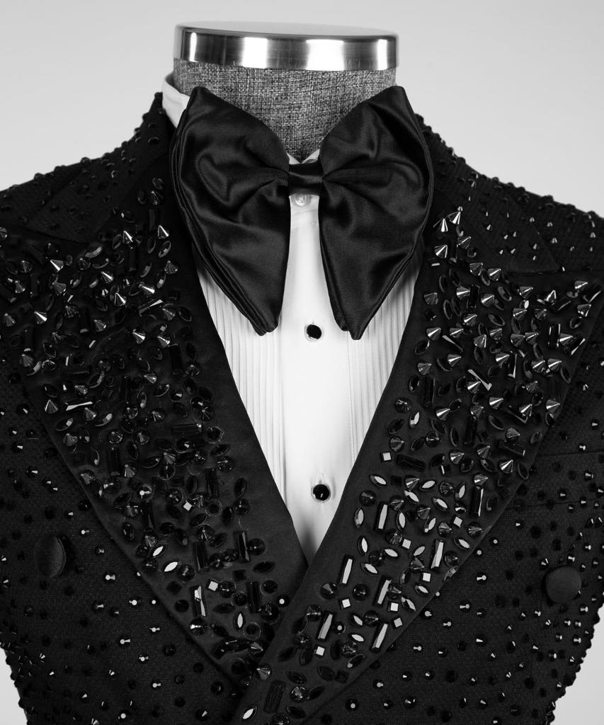 Men's 2 Piece Double Breasted Black Tuxedo, Suit,Stoned