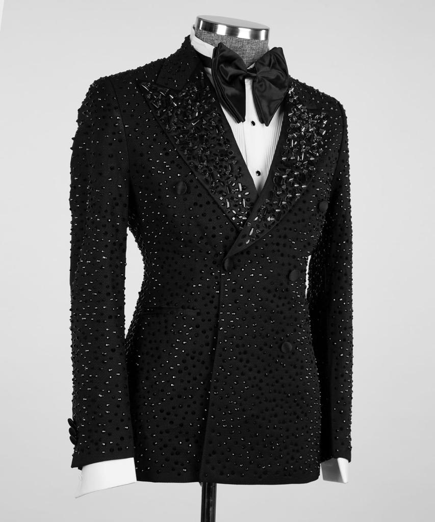 Men's 2 Piece Double Breasted Black Tuxedo, Suit,Stoned