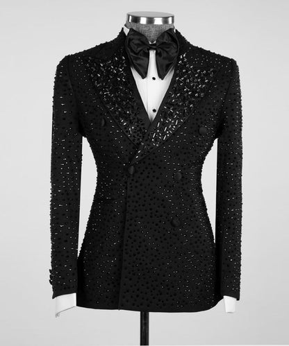 Men's 2 Piece Double Breasted Black Tuxedo, Suit,Stoned