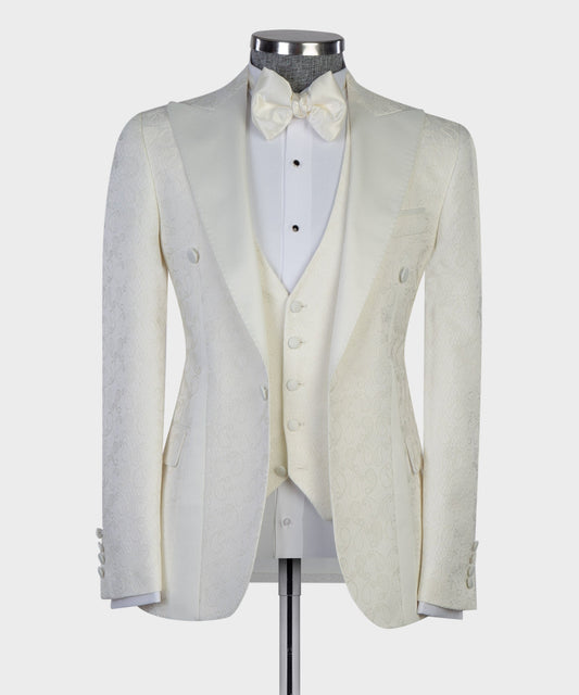 Men's 3 Piece Beige Tuxedo Suit Peak Lapel