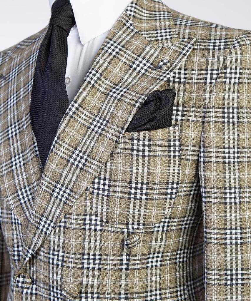 Men's Suit, 2 Piece Plaided Double Breasted Beige