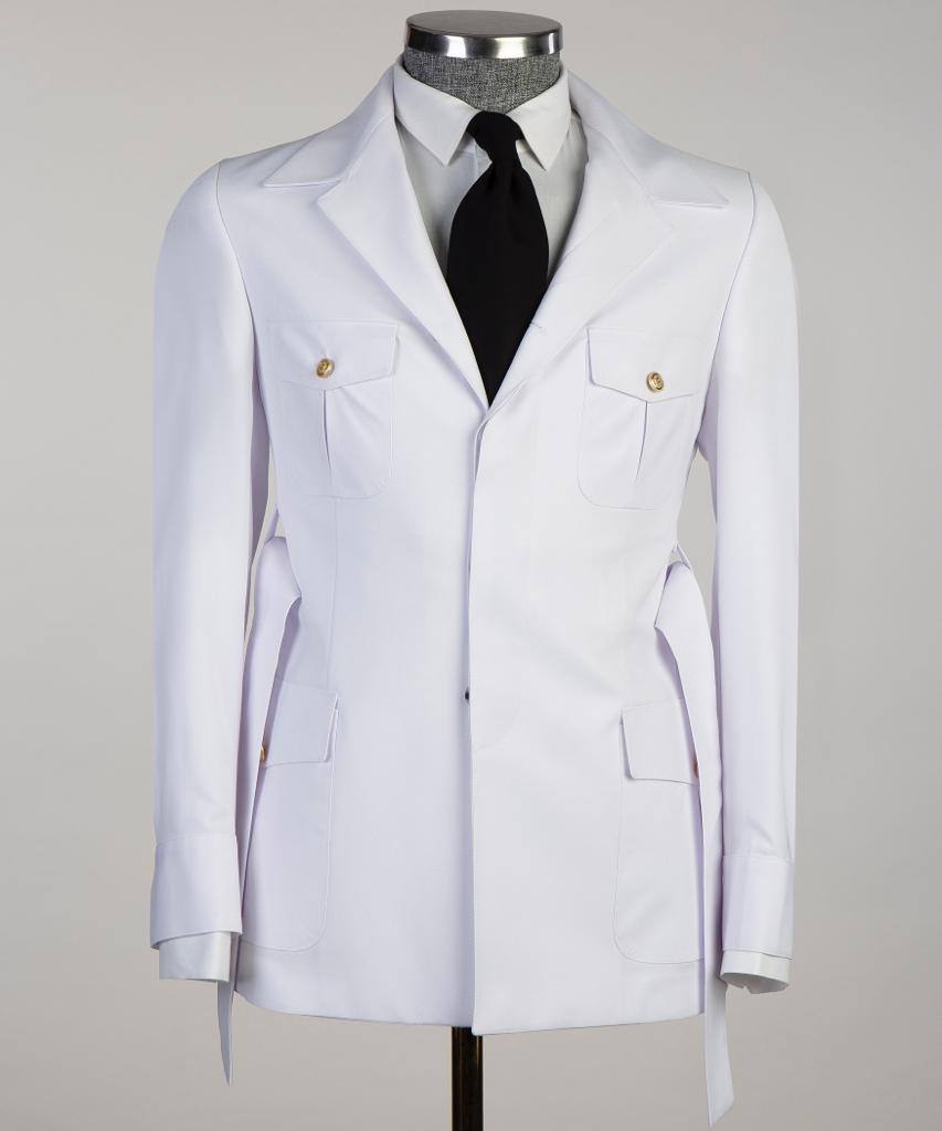 Men's 2 Piece Suit, White, Belted Design, Costume, Blazer with Pockets