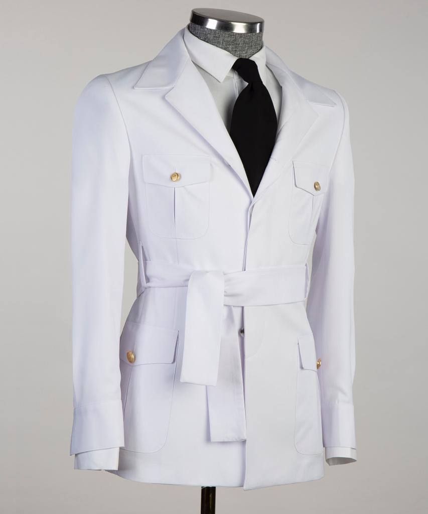 Men's 2 Piece Suit, White, Belted Design, Costume, Blazer with Pockets