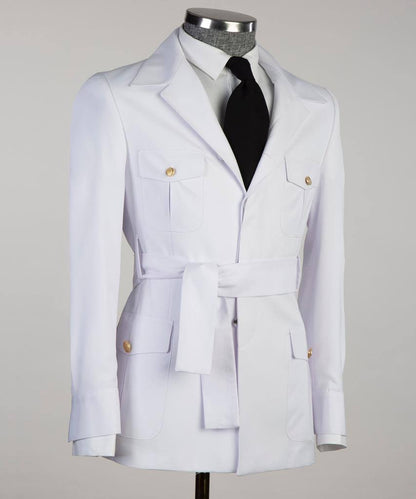 Men's 2 Piece Suit, White, Belted Design, Costume, Blazer with Pockets