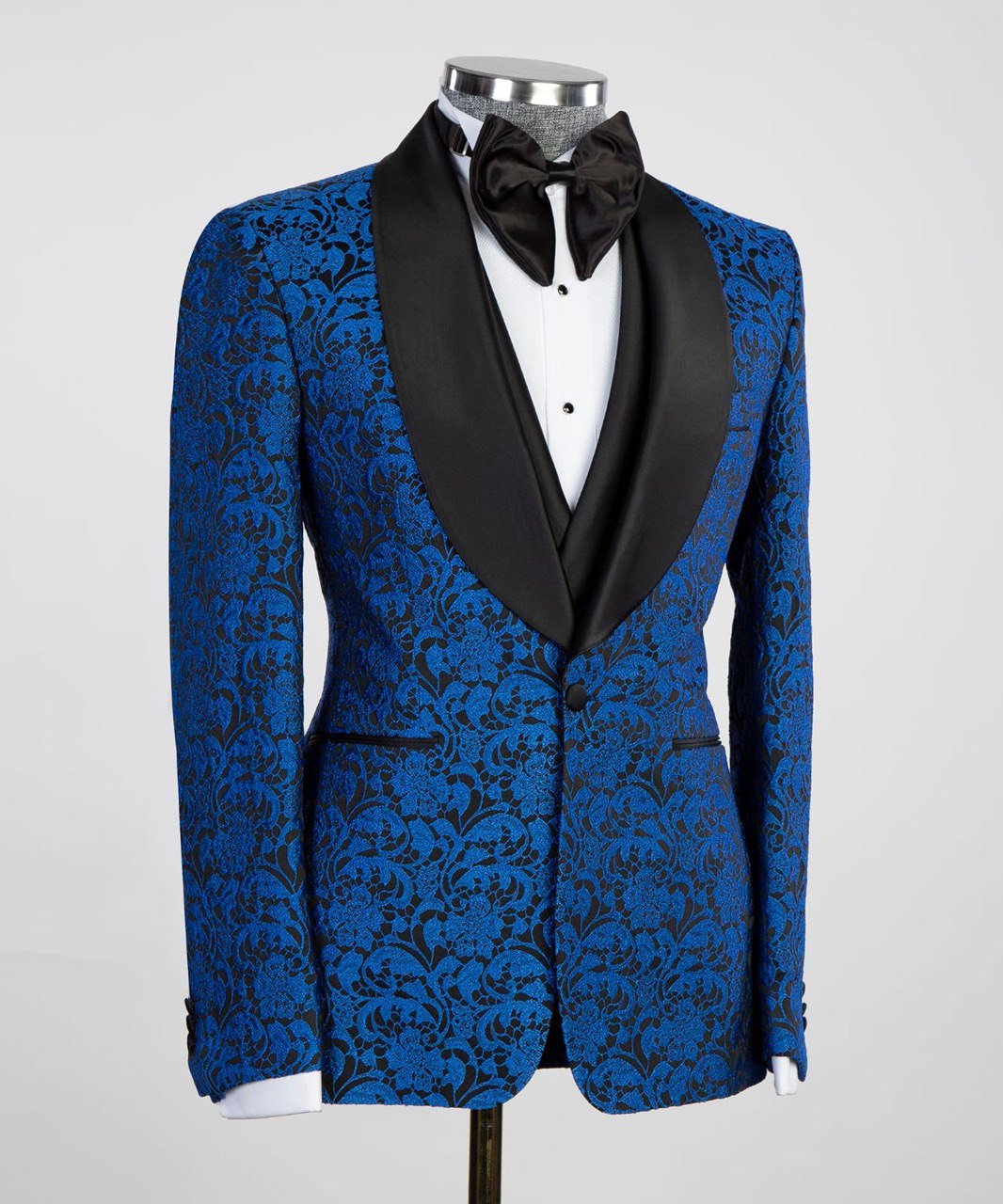 Men's 3 Piece Blue-Tuxedo Black Satin Lapel
