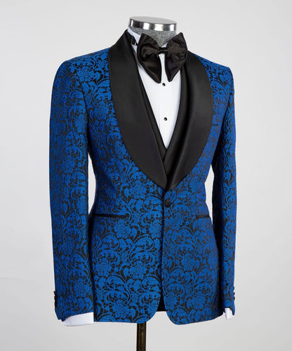 Men's 3 Piece Blue-Tuxedo Black Satin Lapel