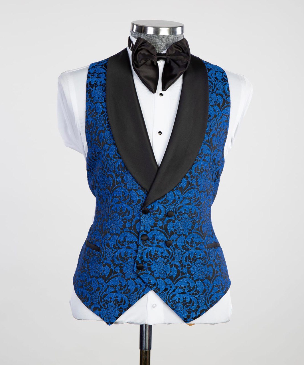 Men's 3 Piece Blue-Tuxedo Black Satin Lapel
