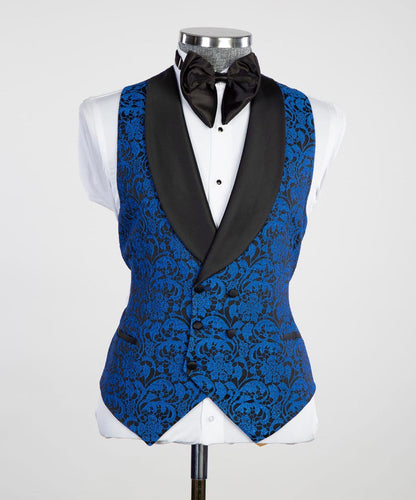 Men's 3 Piece Blue-Tuxedo Black Satin Lapel