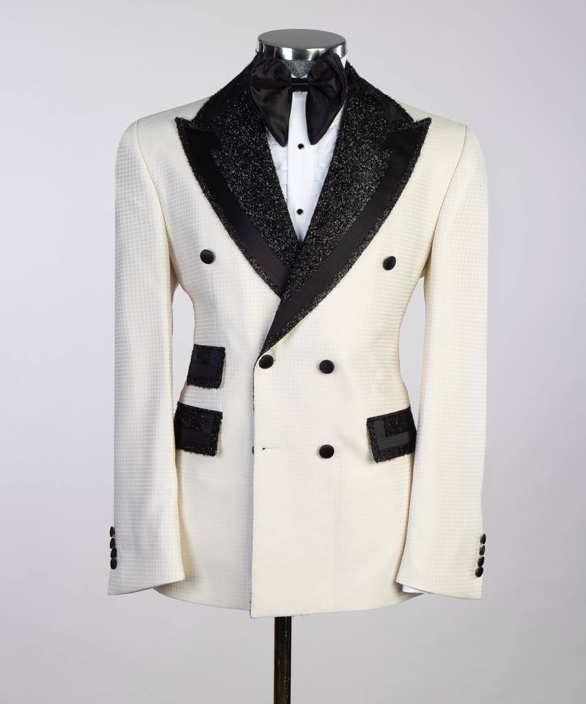 Men's Cream White Tuxedo 2 Piece, Black Collar