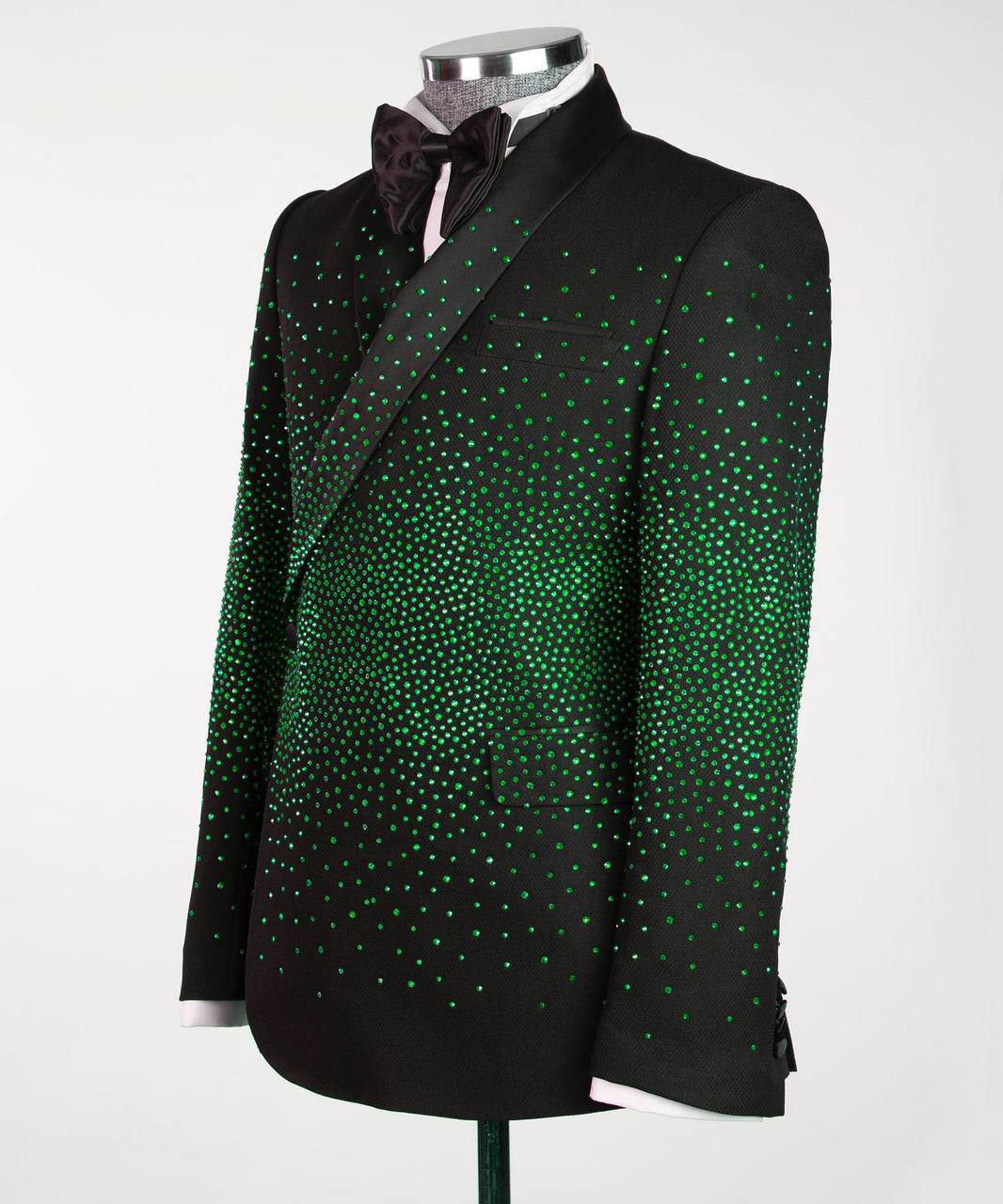 Men's Double Breasted Black Tuxedo, Green Stoned
