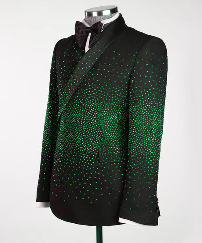 Men's Double Breasted Black Tuxedo, Green Stoned