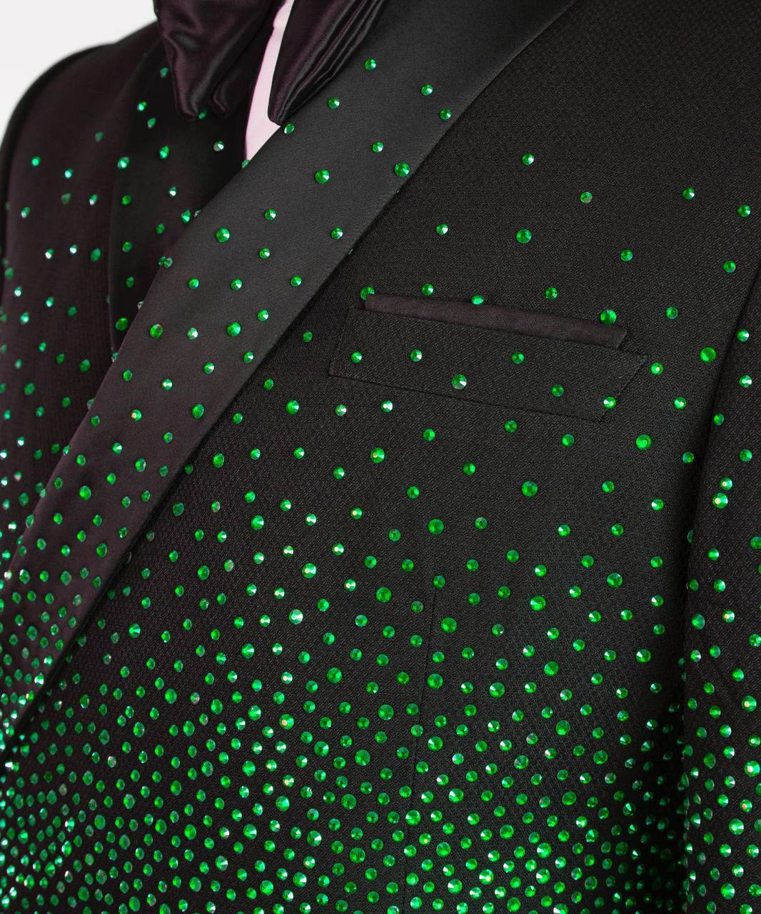 Men's Double Breasted Black Tuxedo, Green Stoned