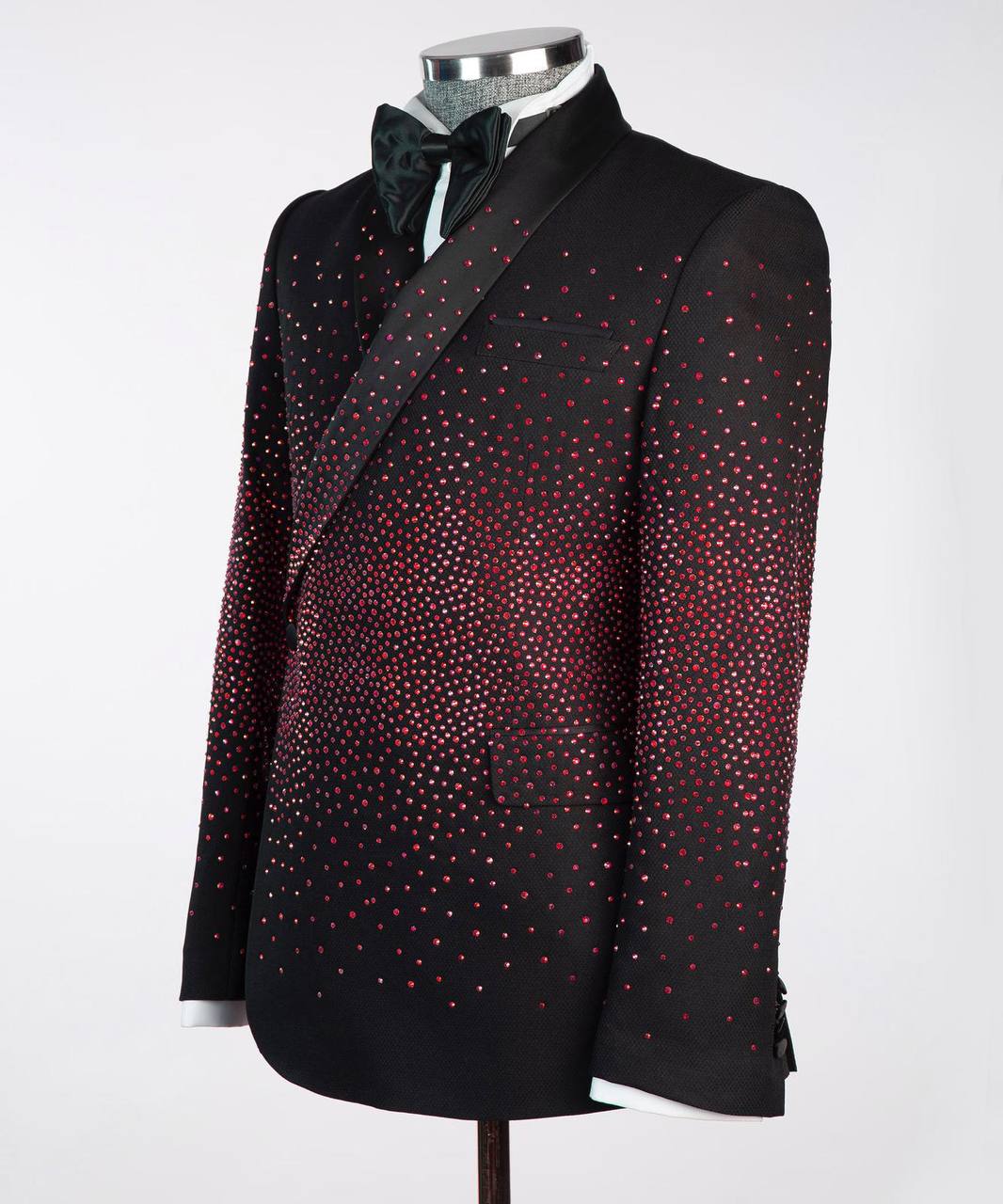 Men's Double Breasted Black Tuxedo, Red Stoned