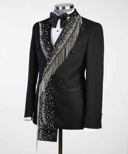 Men's Black Tuxedo, Silver Stoned, Shawl Design