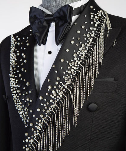 Men's Black Tuxedo, Silver Stoned, Shawl Design