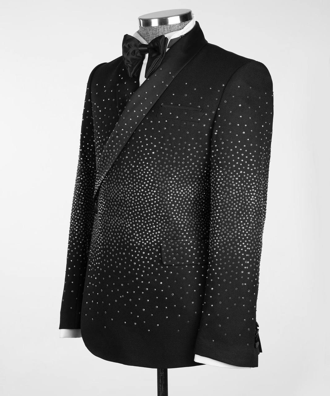 Men's Double Breasted Black Tuxedo, Silver Stoned