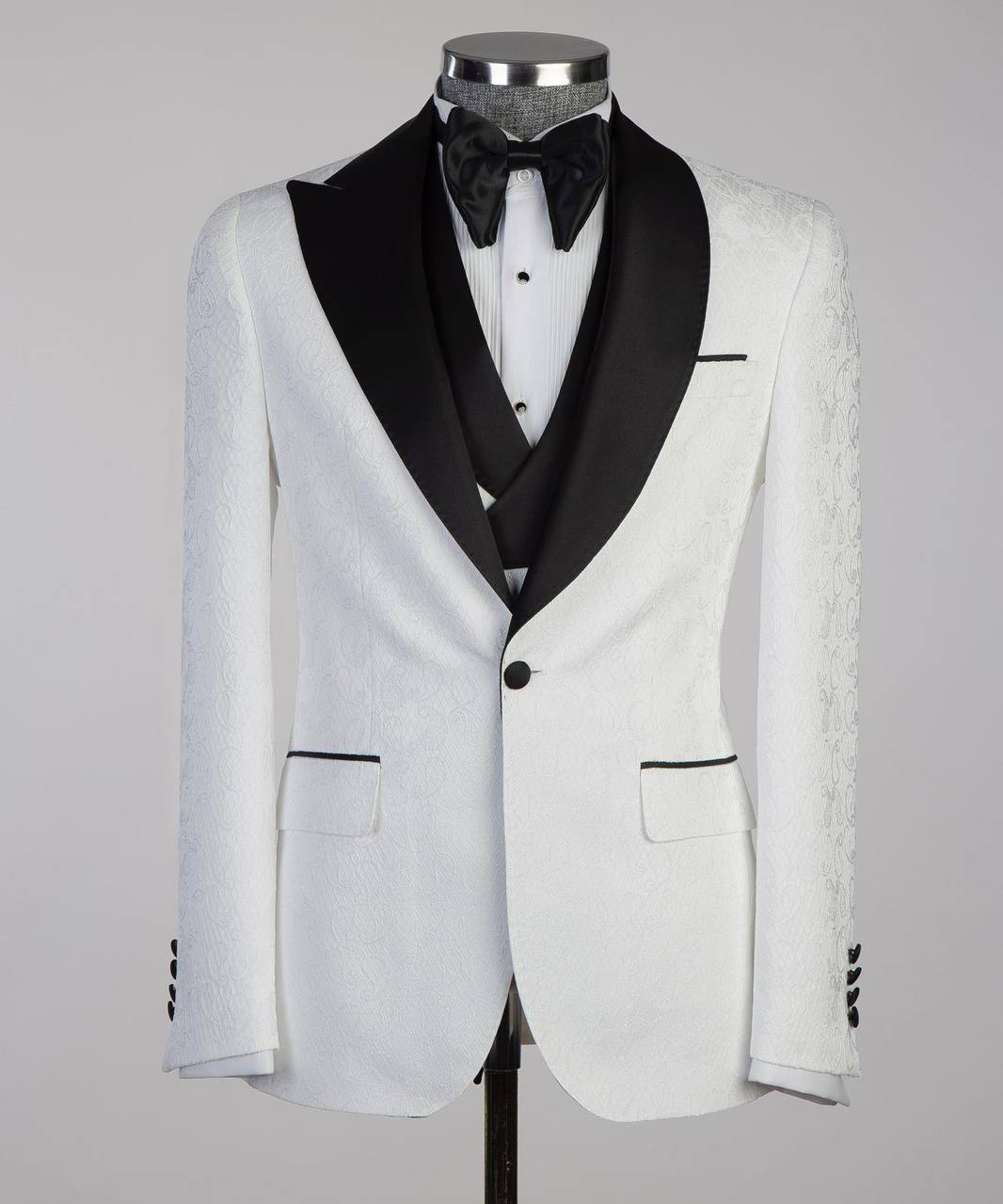 Men's White Tuxedo-Asymmetrical Black Satin Lapel