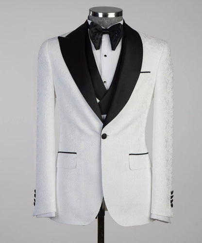 Men's White Tuxedo-Asymmetrical Black Satin Lapel