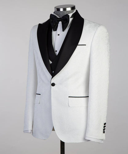 Men's White Tuxedo-Asymmetrical Black Satin Lapel
