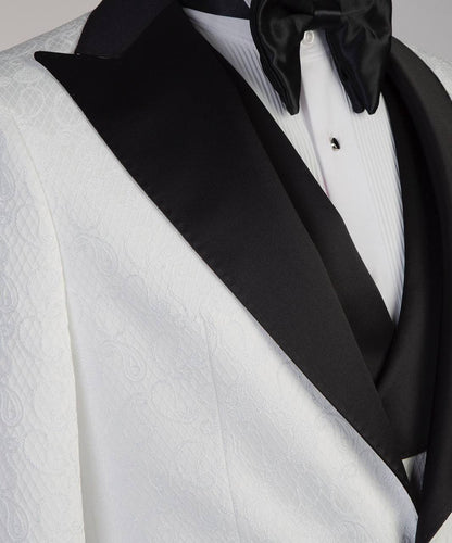 Men's White Tuxedo-Asymmetrical Black Satin Lapel