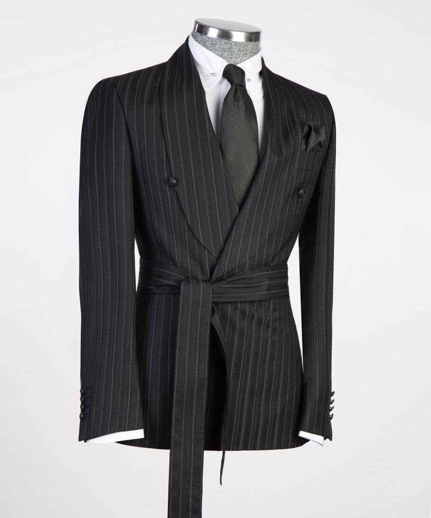 Men's 2 Piece Suit, Black/Grey Stripy, Belted Design, Costume