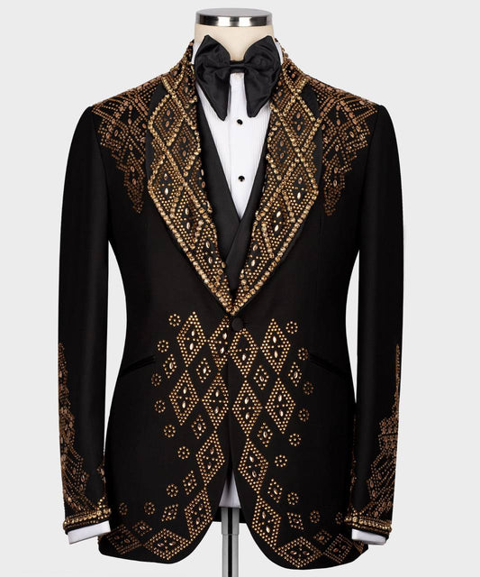 Men's Black Tuxedo, Gold Gem Stoned Design