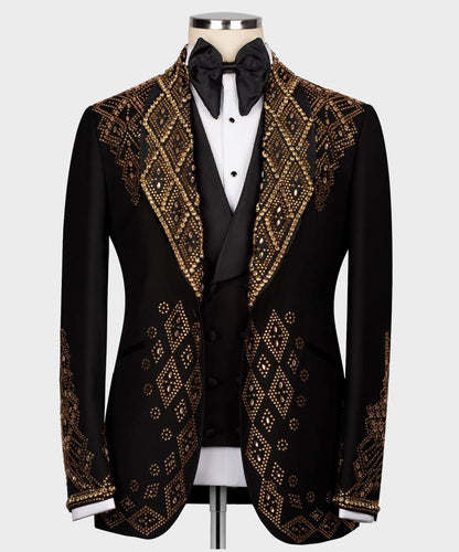 Men's Black Tuxedo, Gold Gem Stoned Design
