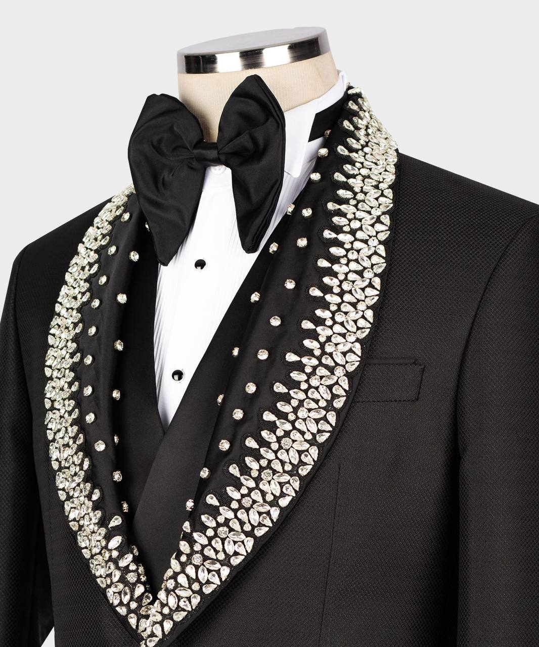 Men's Black Tuxedo, Silver Gem Stoned on Collar