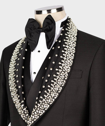 Men's Black Tuxedo, Silver Gem Stoned on Collar