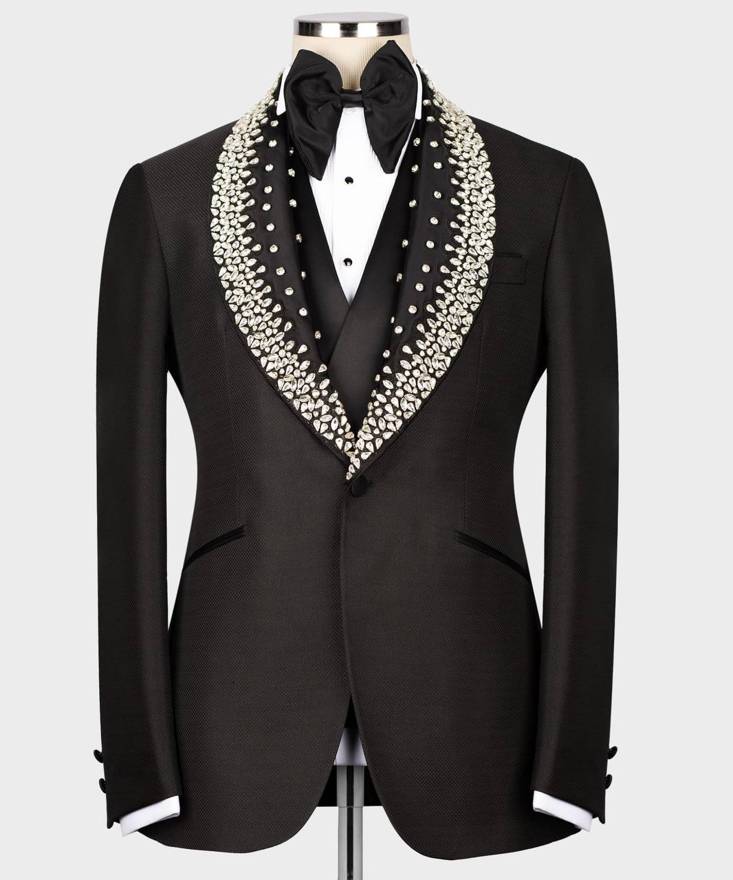 Men's Black Tuxedo, Silver Gem Stoned on Collar