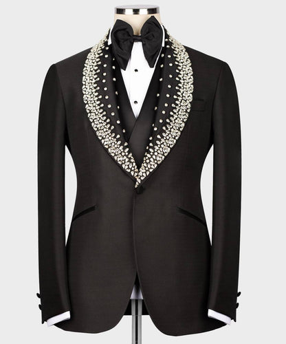 Men's Black Tuxedo, Silver Gem Stoned on Collar