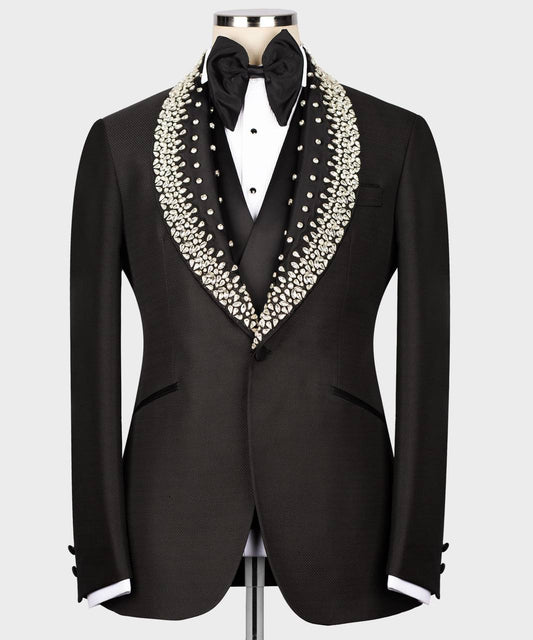 Men's Black Tuxedo, Silver Gem Stoned on Collar