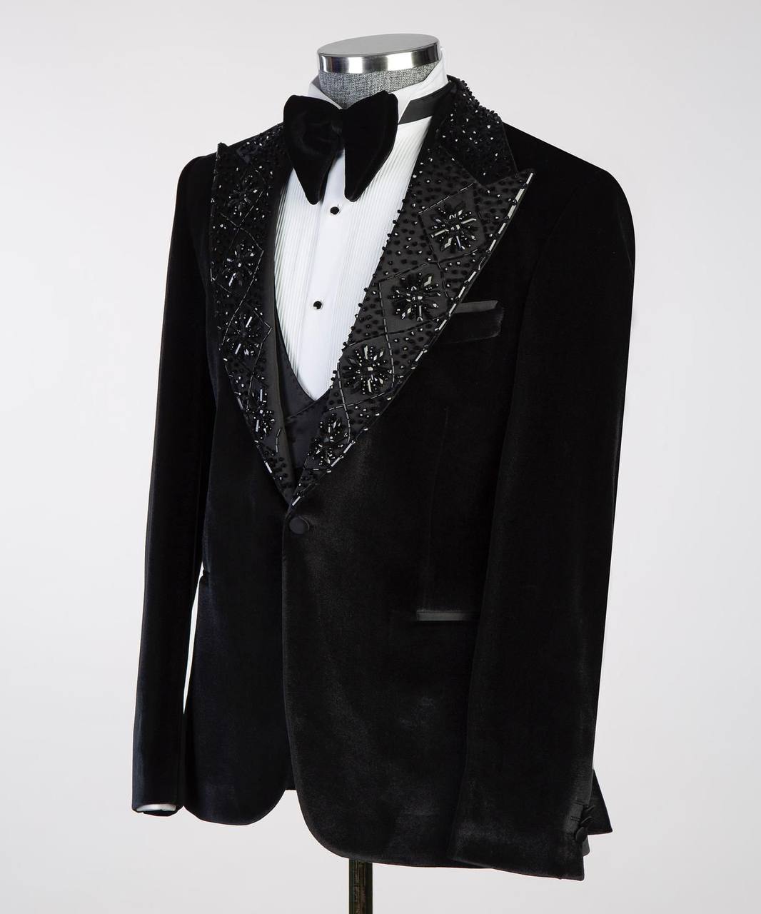 Men's Black Velvet Tuxedo, Gem Stoned on Collar