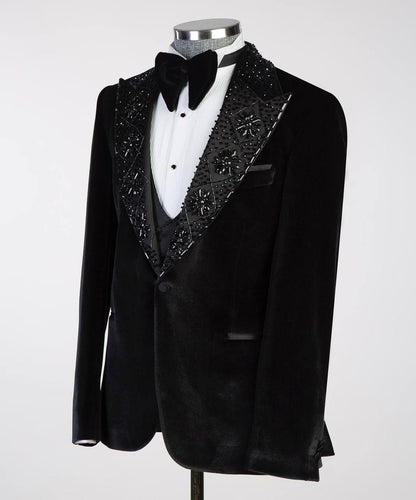 Men's Black Velvet Tuxedo, Gem Stoned on Collar