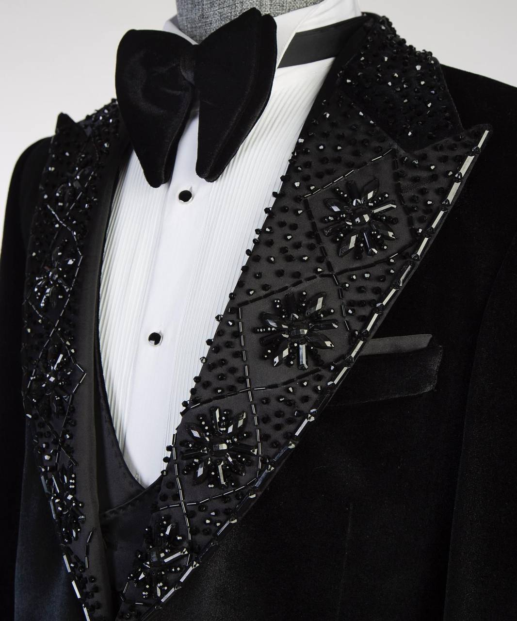 Men's Black Velvet Tuxedo, Gem Stoned on Collar