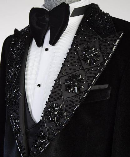 Men's Black Velvet Tuxedo, Gem Stoned on Collar