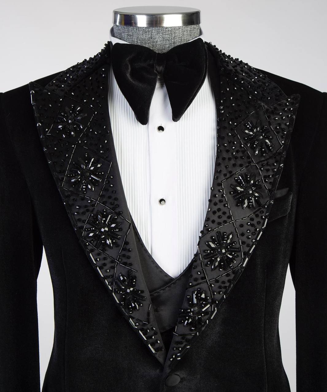Men's Black Velvet Tuxedo, Gem Stoned on Collar